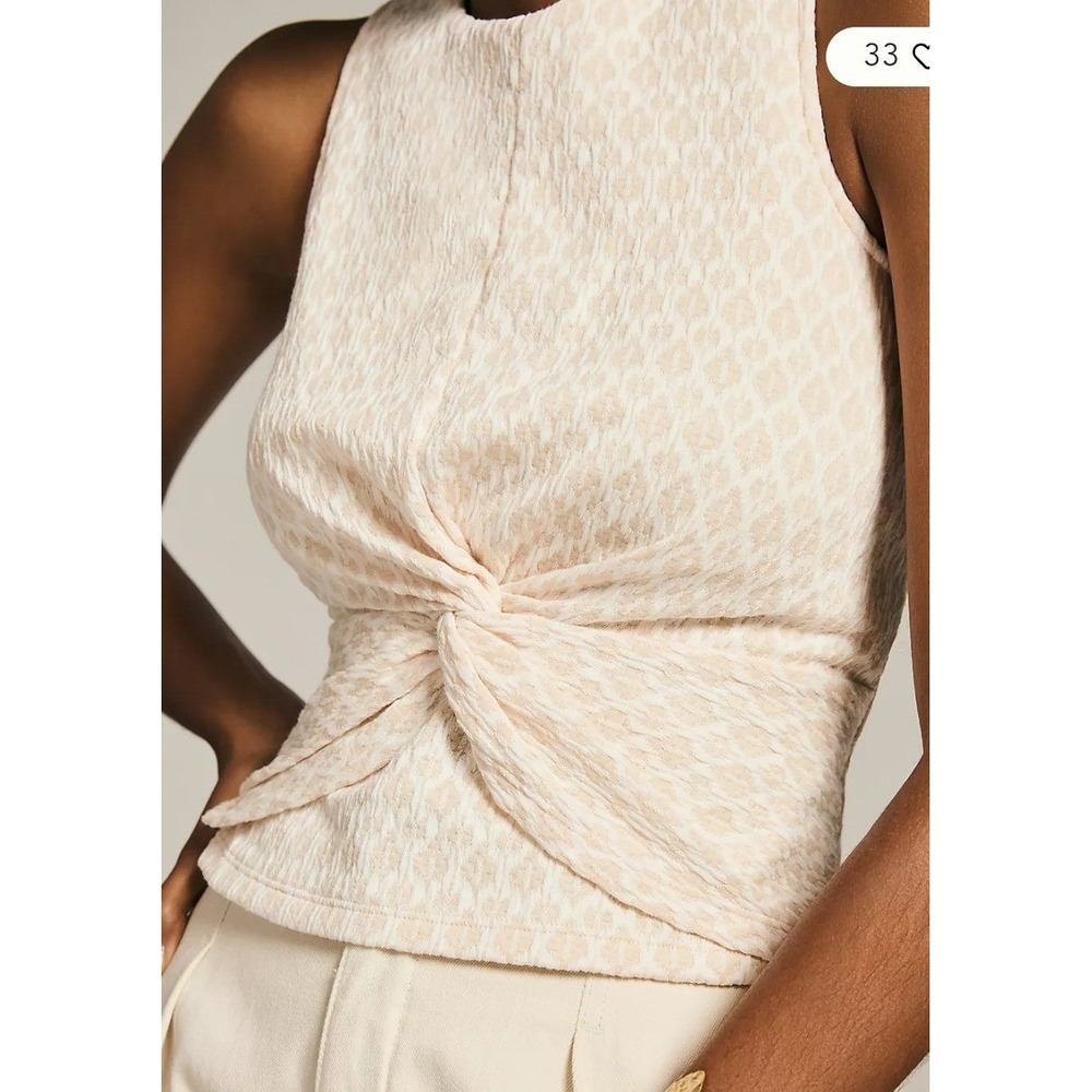Anthropologie Twist-Front Jacquard Top Cream Tan‎ Geometric Sleeveless Shell L